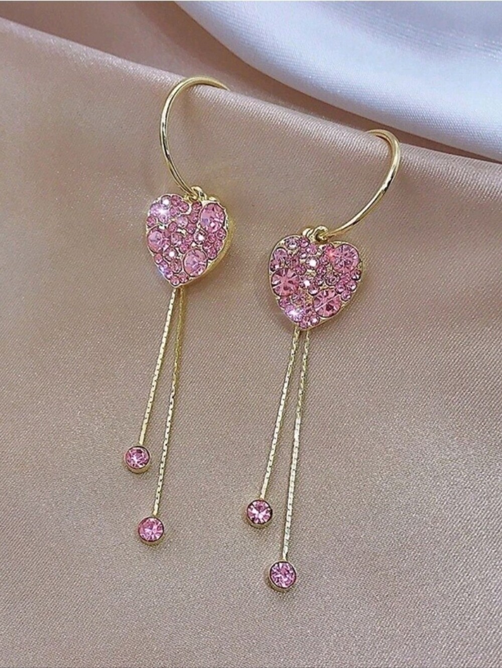 Elegant Pink Heart Love Tassel Drop Crystal Hoop Earrings S925 Sterling Post